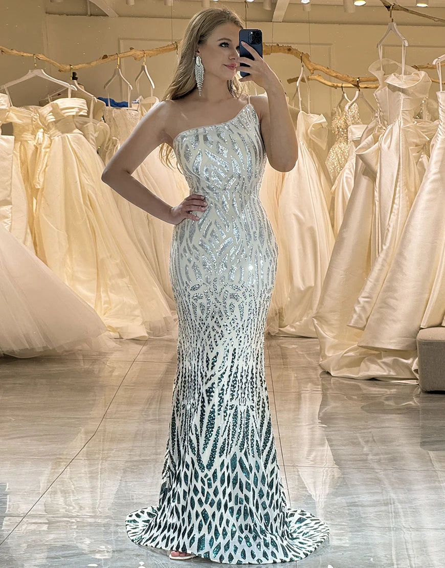 Sparkly Dark Green Sequins Mermaid One Shoulder Long Prom Dress