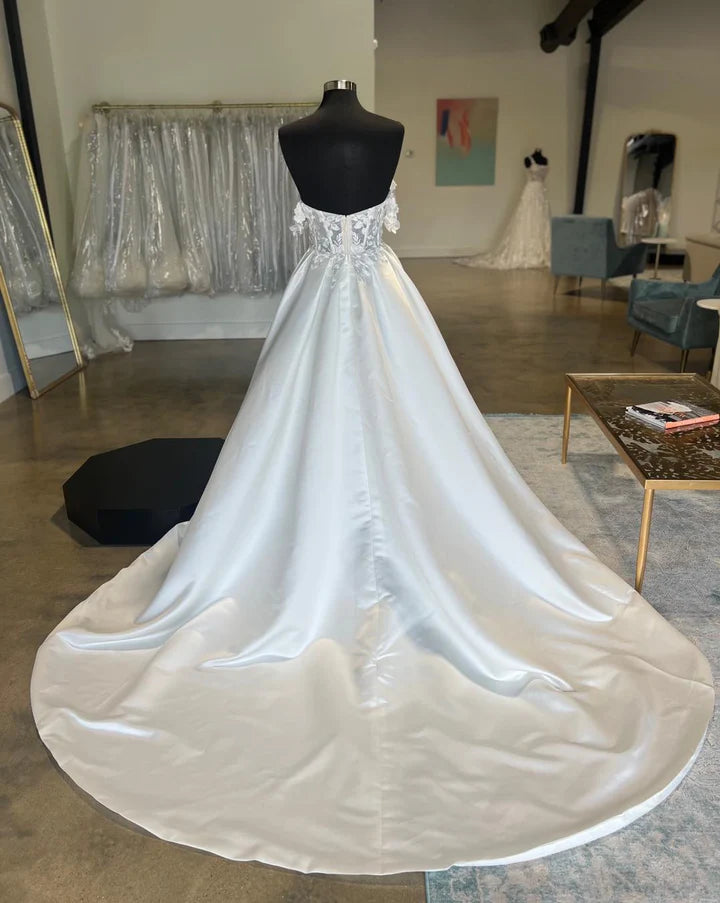 White Satin Off-the-Shoulder Appliques Backless Mopping The Floor Long Wedding Dress 