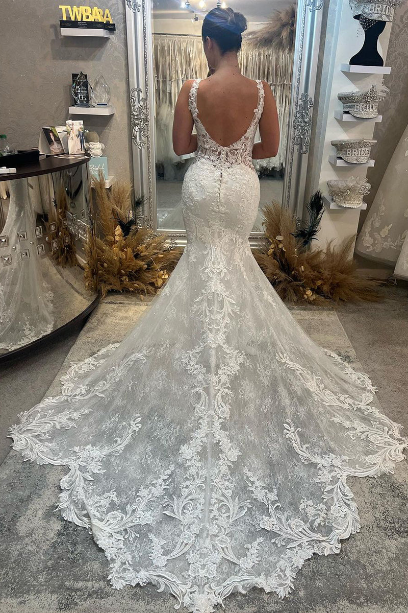 Charming Mermaid Square Neck Lace Wrap The Buttocks Long Wedding Dresses with Appliques