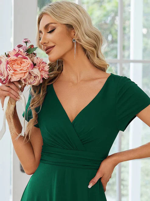 Simple Pleated Empire Waist A-Line V-neck Floor Length Bridesmaid Dress/Prom Dresses Party Dresses Wedding Guest Dresses