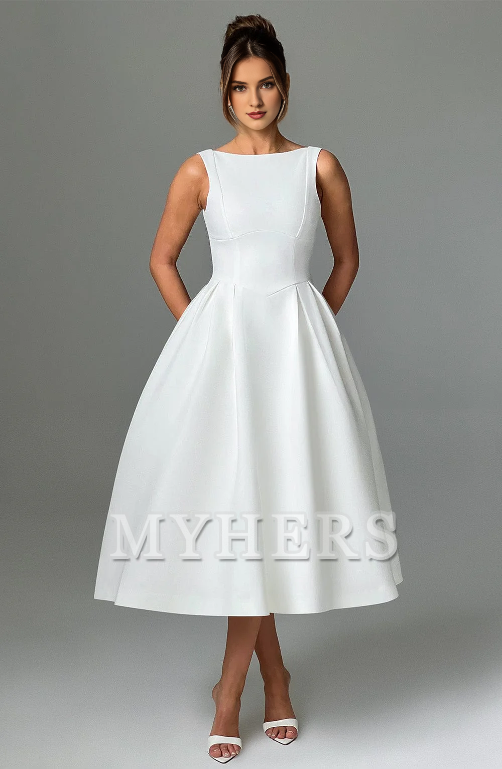 A Line High Wide Boat Neckline Sleeveless Backless Elegant Simple Dresses Bridesmaid Dresses Wedding Guests Dresses