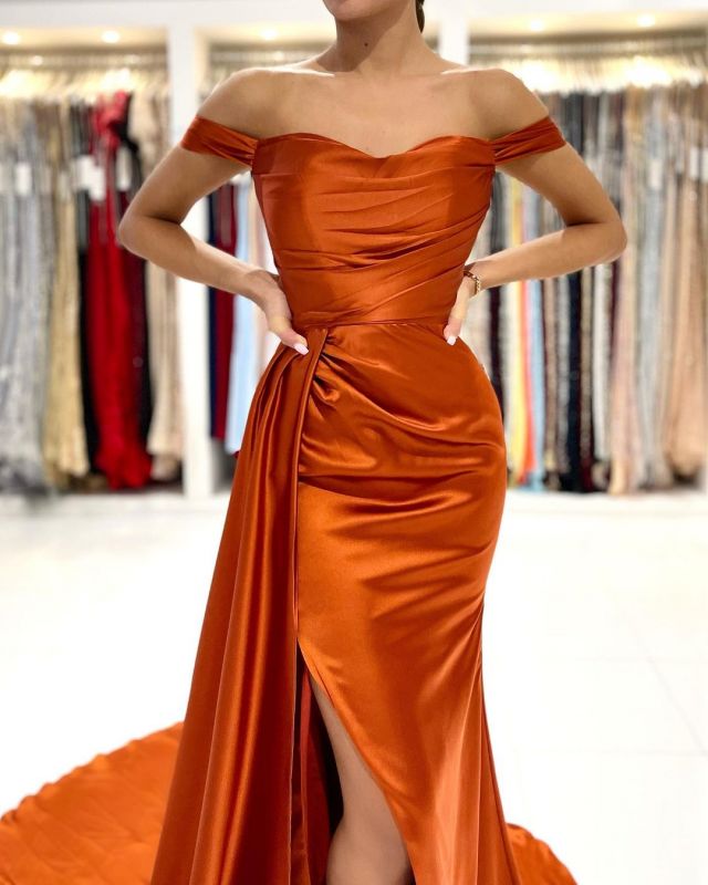 Sheath Mermaid Off-the-Shoulder Sweep/Brush Train Dresses Satin Long Evening Dress With Slit