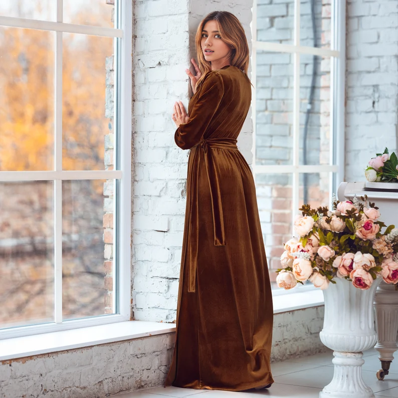 Wrap maxi Velvet Dress V Neck Long Sleeve Side Fork Formal Wear Dresses Wedding Guest Dress Evening Dress