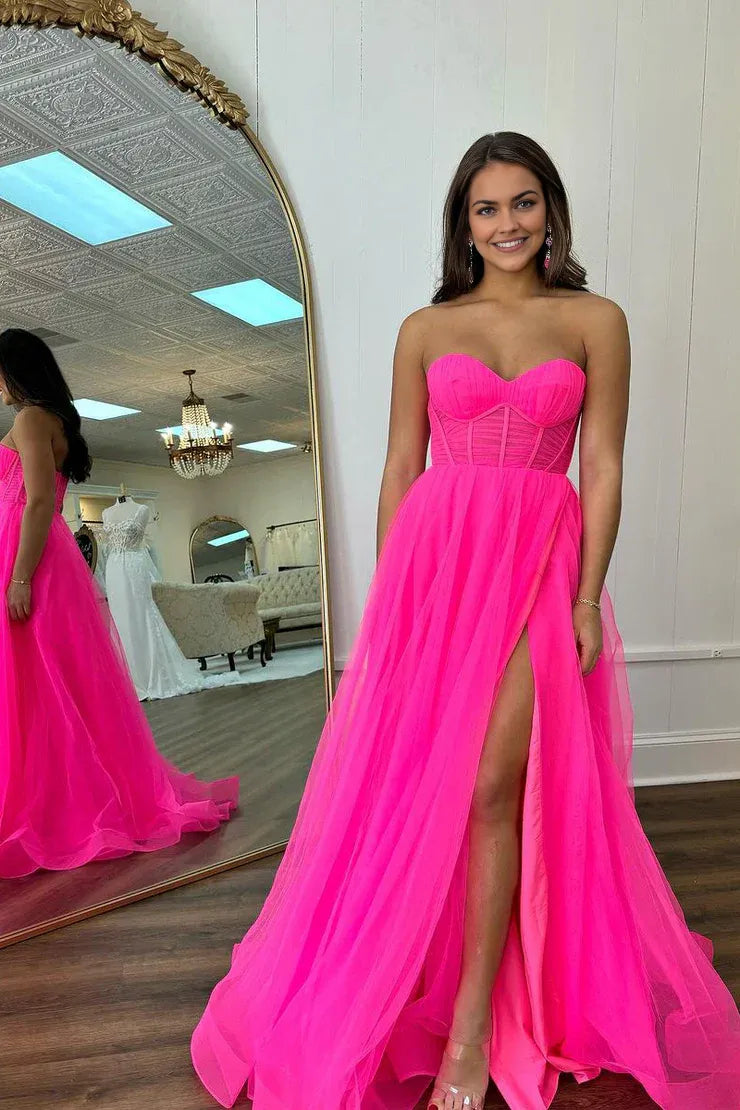 Cute A Line Off-the-Shoulder Sweetheart Hot Pink Tulle Long Prom Dress with Slit