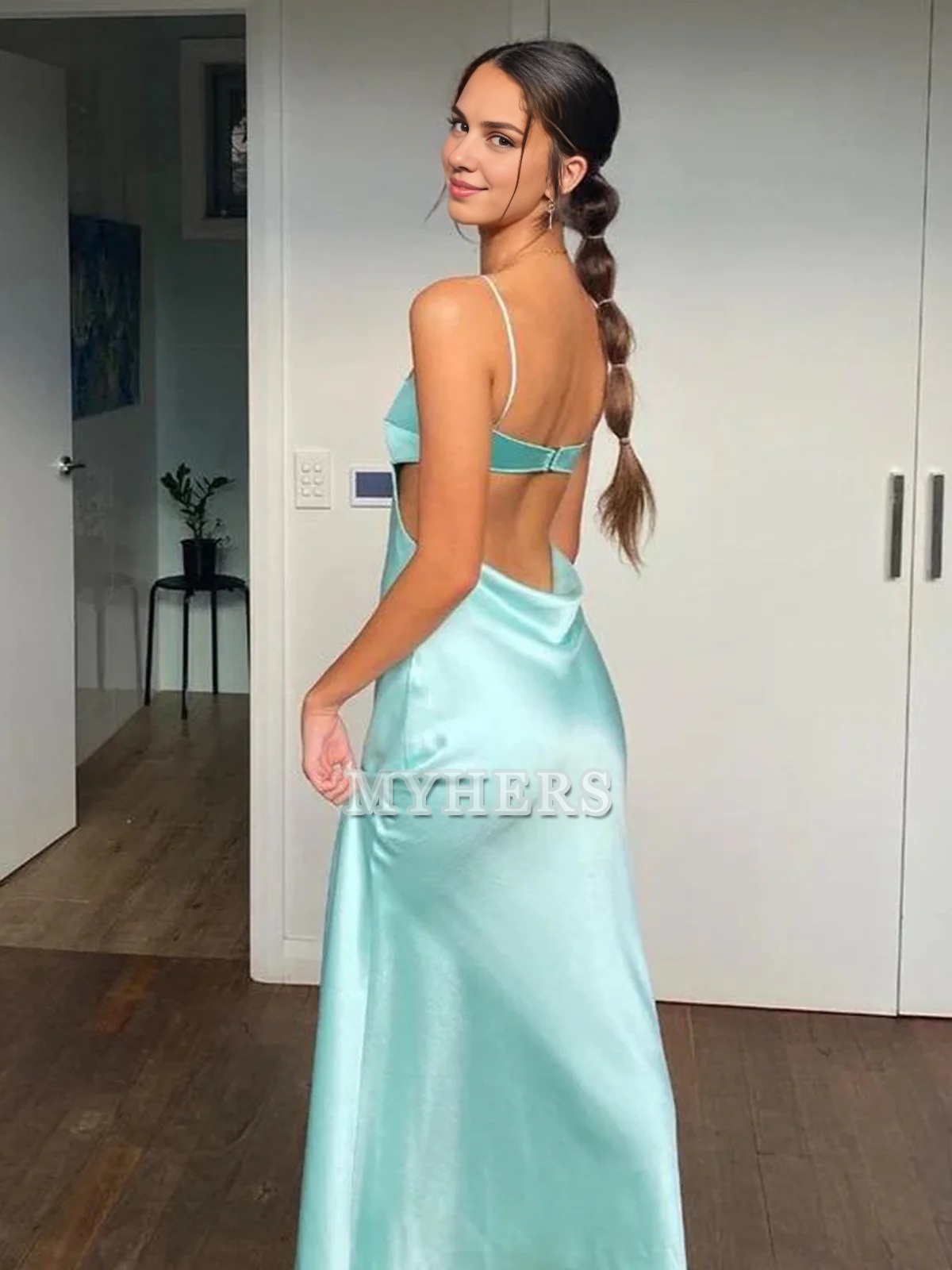Formal Wear Dresses Wedding Guest Dresses Spaghetti Straps Sheath Prom Dress Satin Party Dress Backless Simple Evening Dress