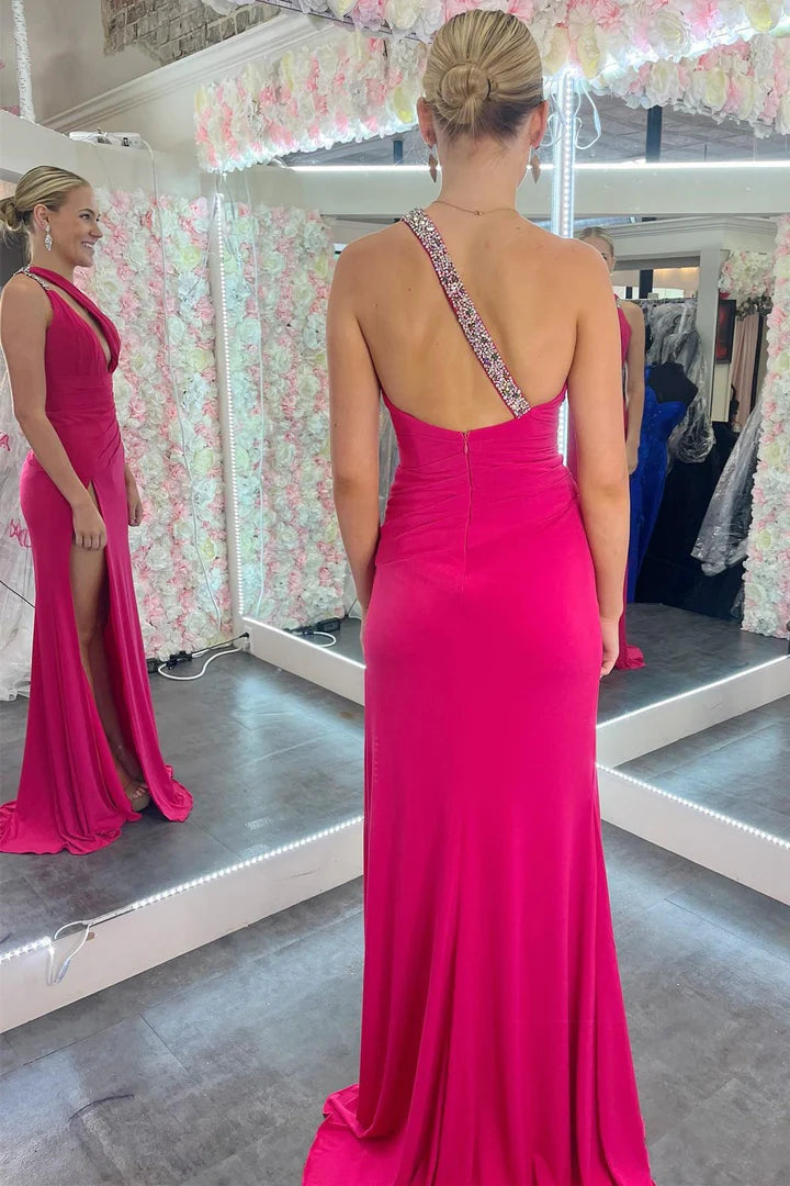 One-Shoulder Purple Beaded Keyhole Mermaid Long Formal Dress with Slit