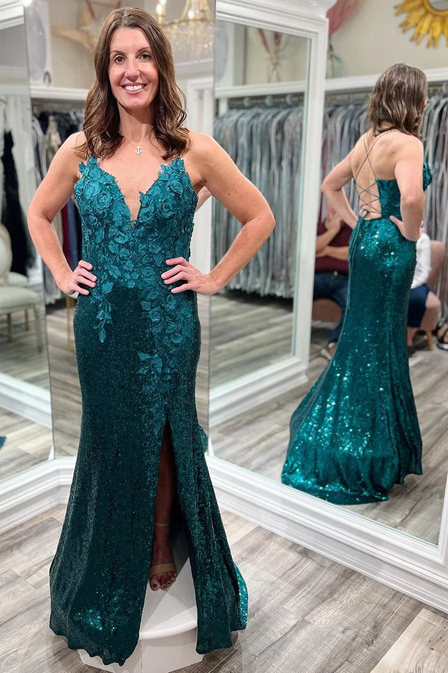Sequin 3D Floral Lace Plunge V Long Formal Dress