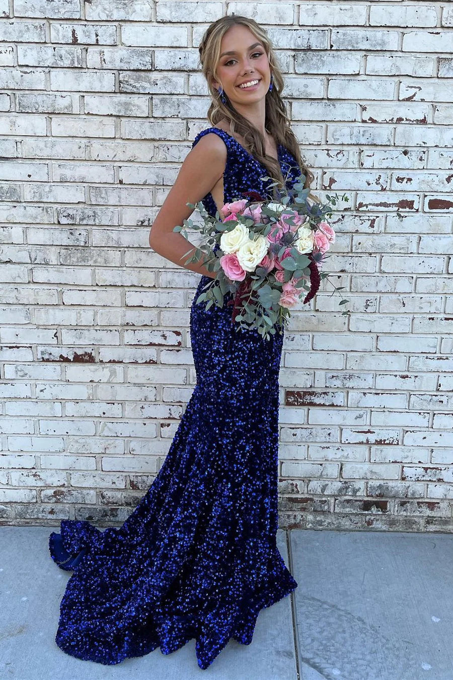 Glitter Plunge Sequin Trumpet Long Formal Dress