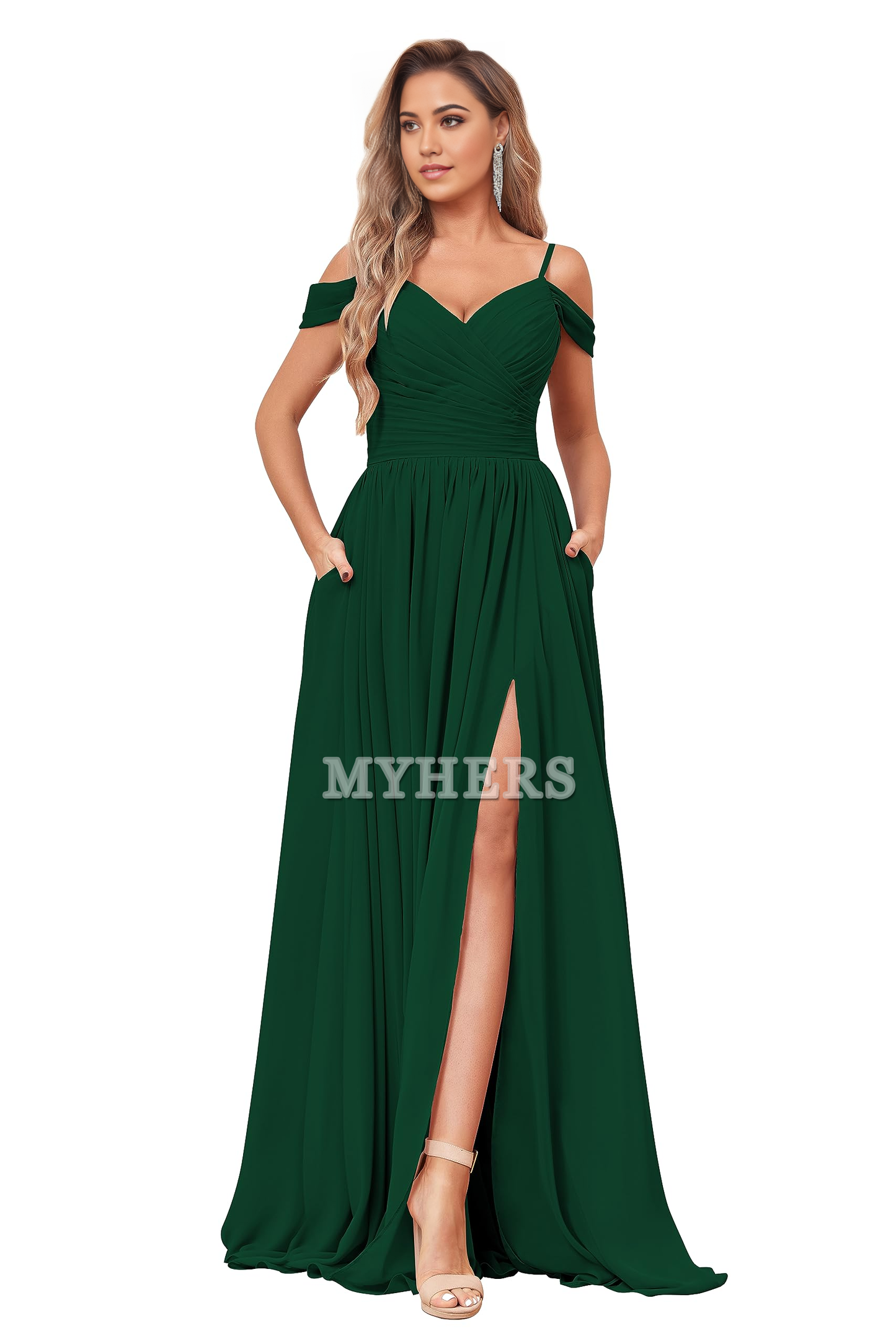 Elegant V Neck Off The Shoulder Ruched Chiffon Side Fork Long Bridesmaid Dresses Wedding Guests Dresses