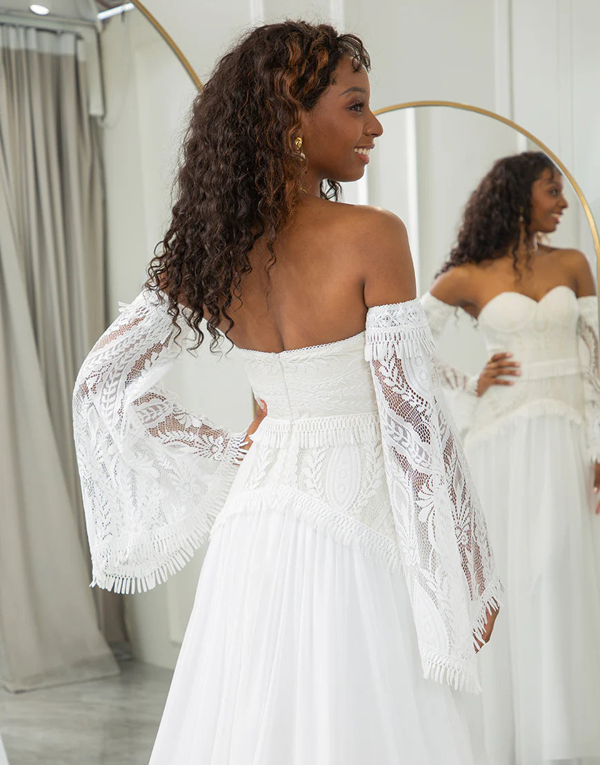 Sweetheart Detachable Flare Sleeves Boho Wedding Dress