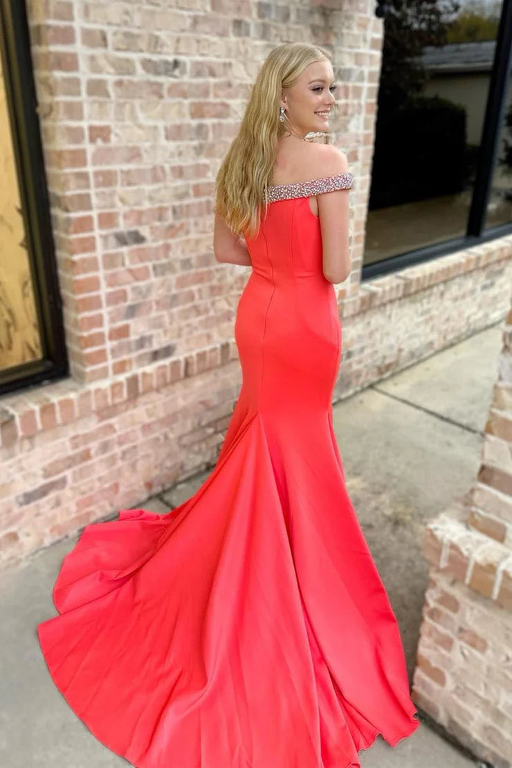 Charming Mermaid Off the Shoulder Red Satin Long Prom Dress with Beading
