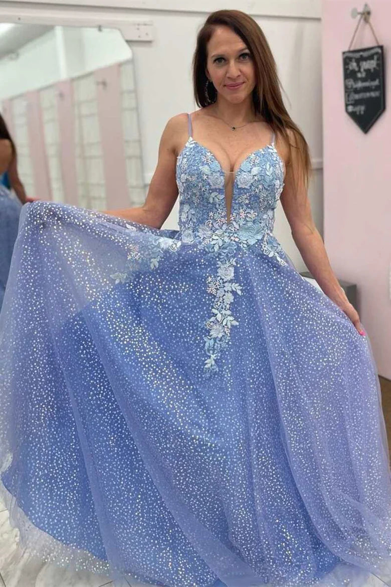 Sparkle Tulle Flowers Straps Backless A-Line Prom Dress