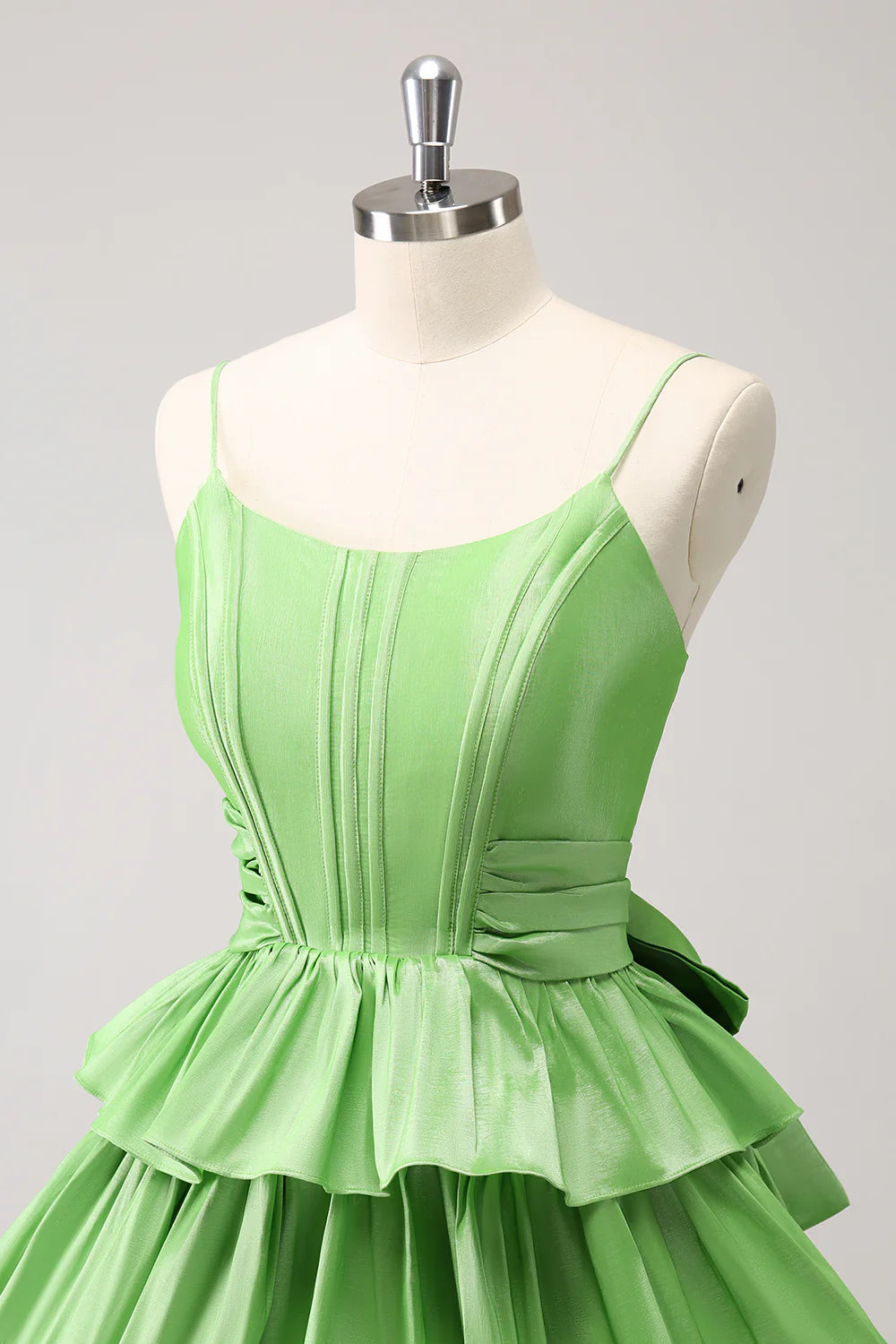 Green Round Neck Satin A Line Tiered Backless Pleats Homecoming Dress With Bow