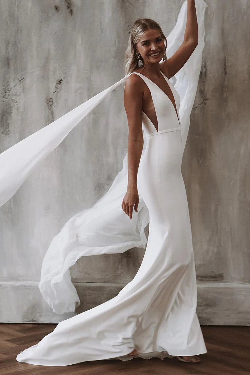 Elegant Mermaid V Neck Satin Slim-fit Long Wedding Dresses