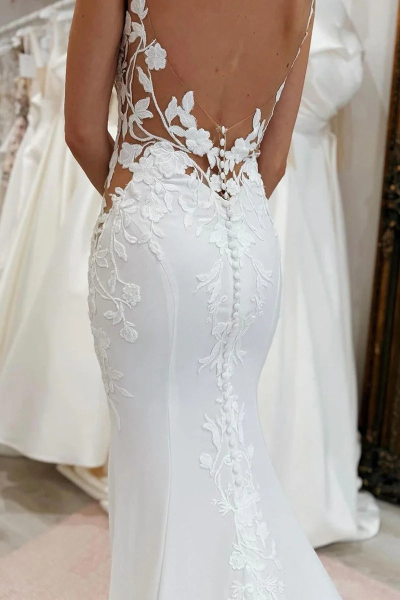 Bohemian Mermaid V Neck Spaghetti Strap Satin Back Buckle Wedding Dresses with Appliques