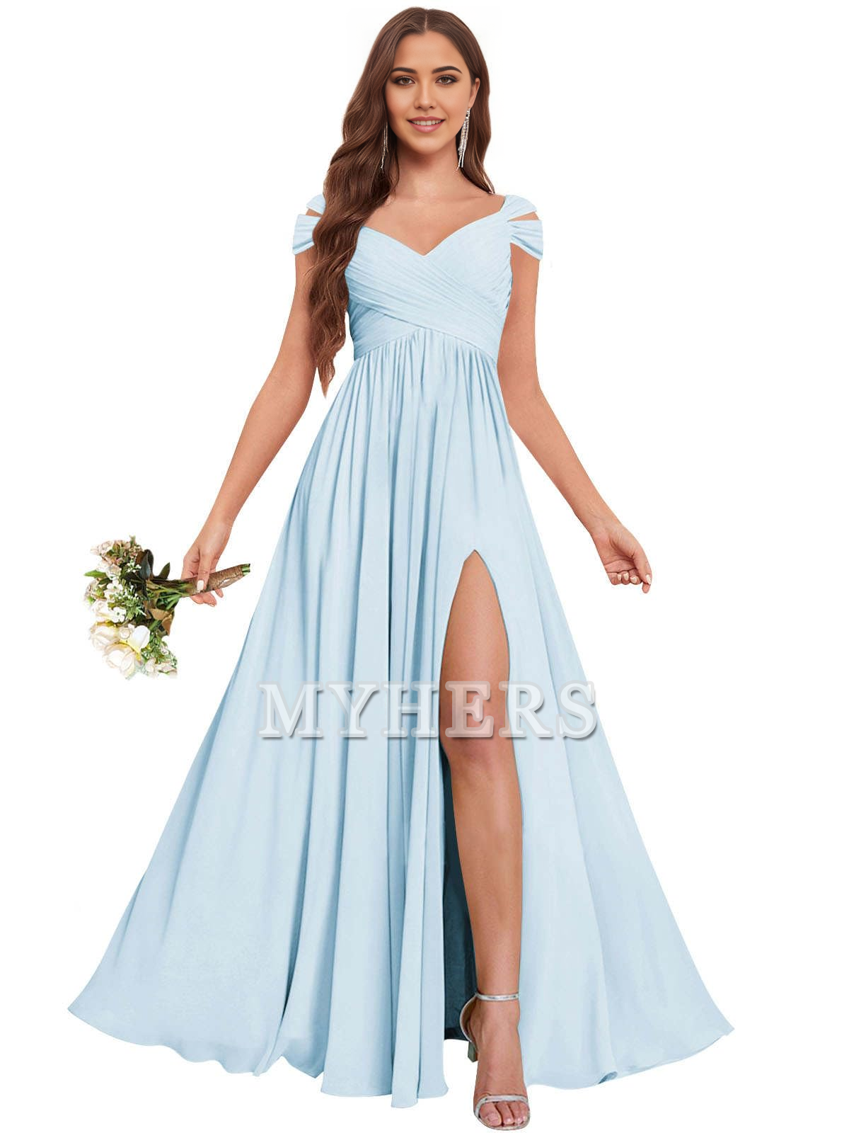 Exquisite V Neck Off The Shoulder Side Fork Chiffon Long Bridesmaid Dresses Wedding Guests Dresses