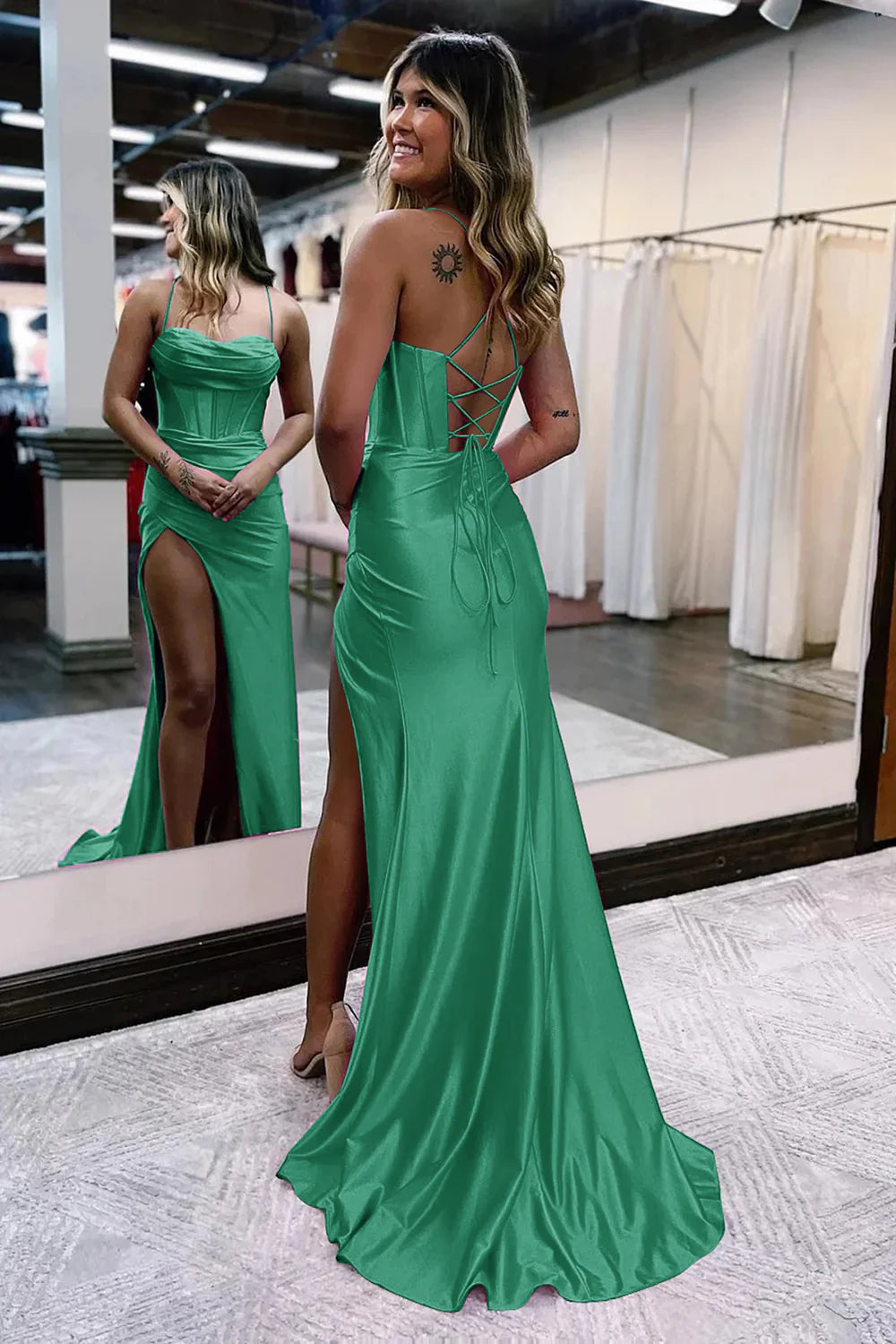 Hunter Green Square Neck Spaghetti Straps Lace-Up Back Mermaid Prom Dress With Slit