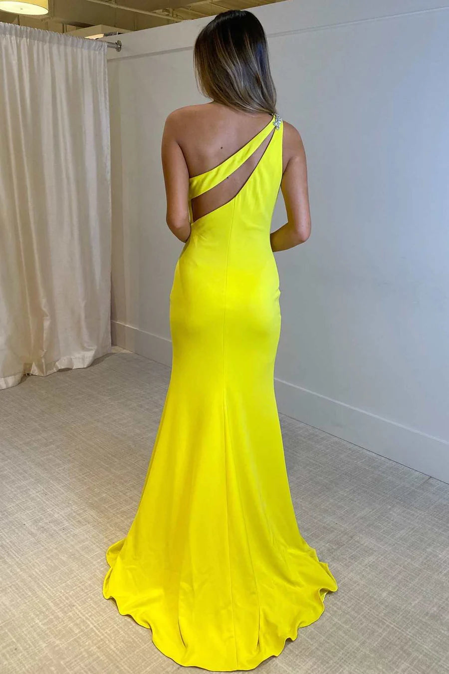 One-Shoulder Rhinestones Keyhole Mermaid Long Prom Dress with Slit