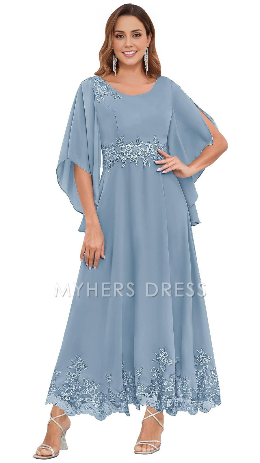 My Hers New Product Mother of The Bride Dress A Line Chiffon Ankle Length Flutter Sleeve Lace Applique Dresses Wedding Guests Dresses