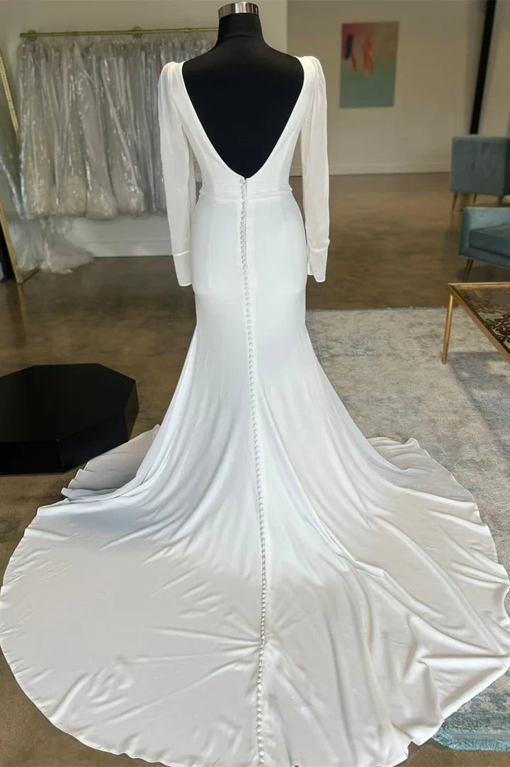 White Plunge V Open Back Mopping The Floor Long Wedding Dress with Long Sleeves 