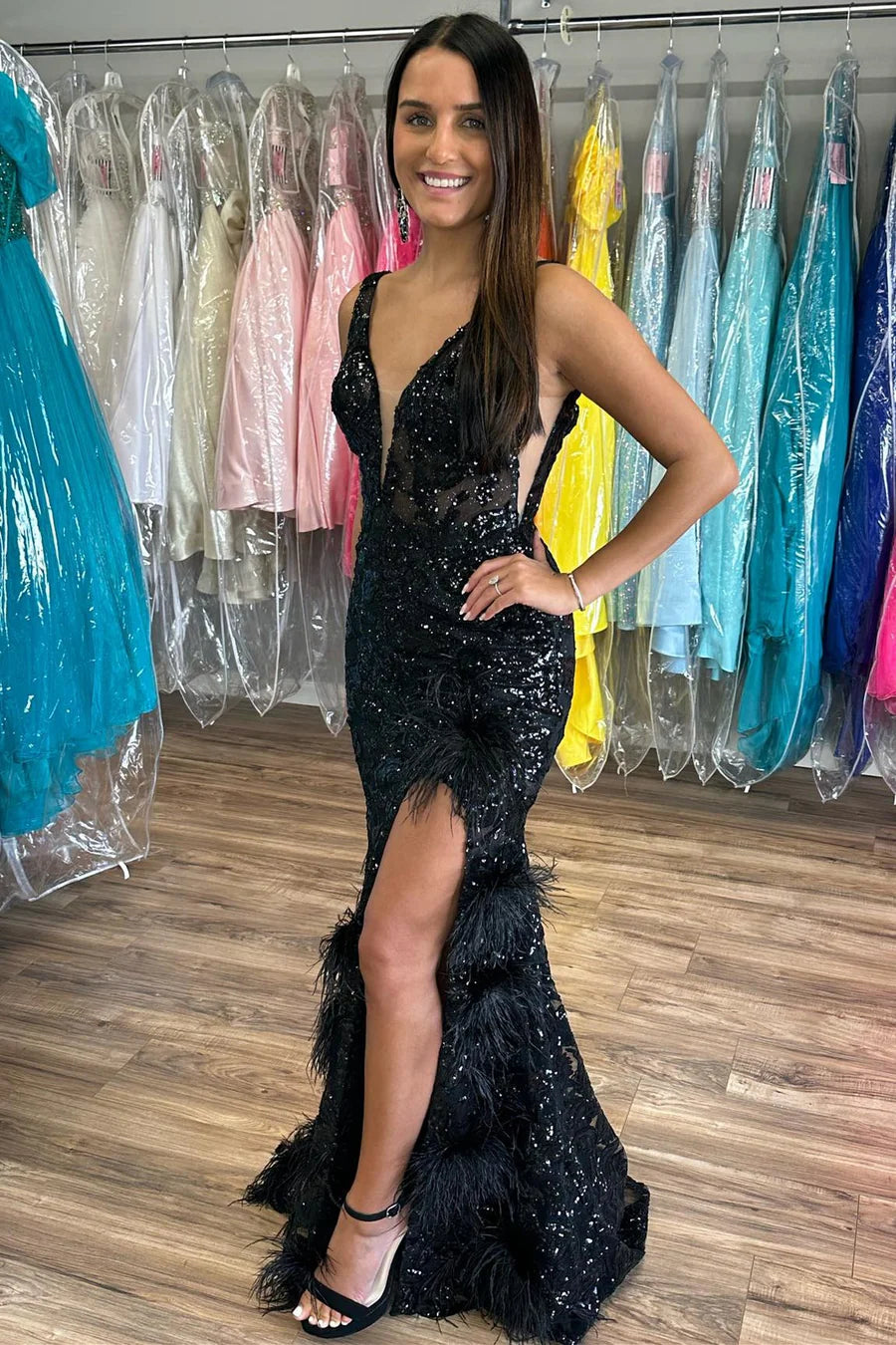Sequin Appliques Plunge V Mermaid Long Formal Dress
