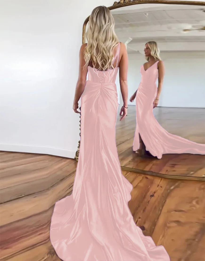 V-Neck Ruched Satin Prom Dress with Slit