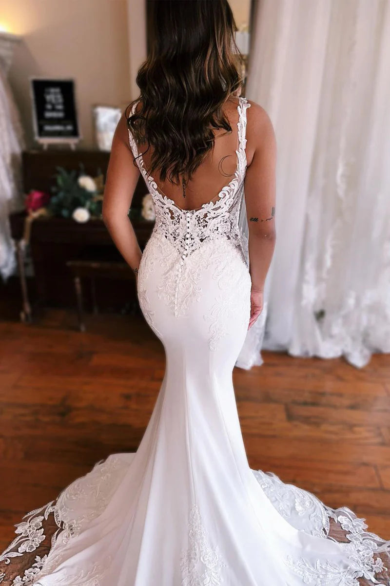 Gorgeous Mermaid V Neck Satin Floor-Length Wedding Dresses with Appliques