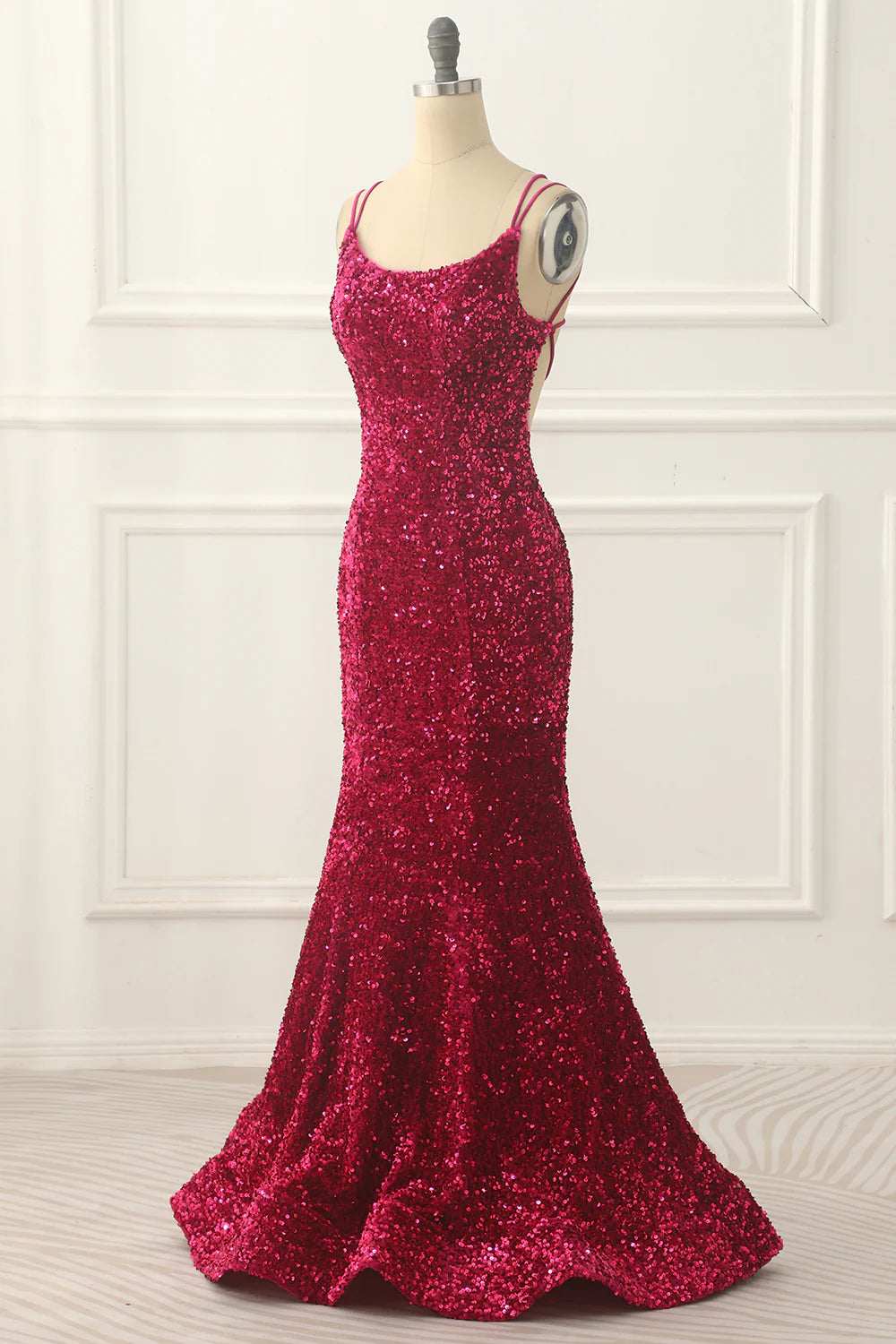 Fuchsia Sequin Round Neck Backless Lace-Up Back Long Prom Dress