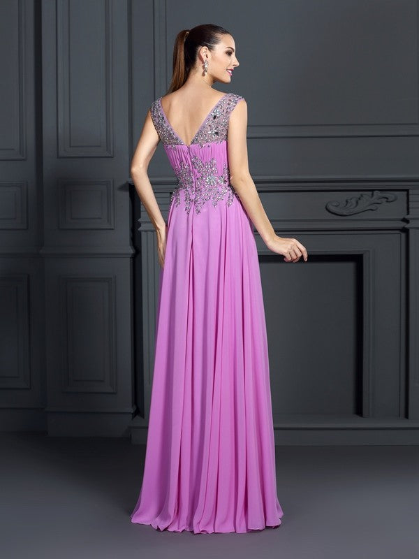 A-Line/Princess Straps Beading Sleeveless Long Chiffon Dresses