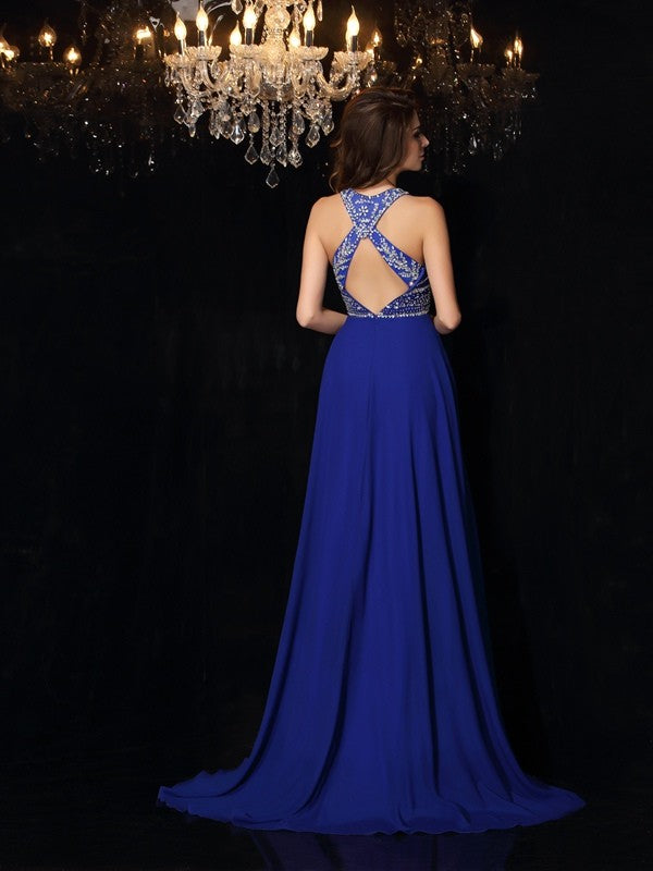 A-Line/Princess High Neck Beading Sleeveless Long Chiffon Party Dresses Formal Dresses
