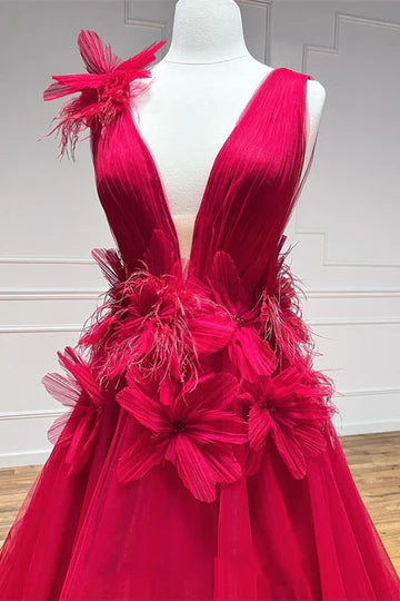A-Line Plunging Neck Long Prom Dress with Floral Appliques