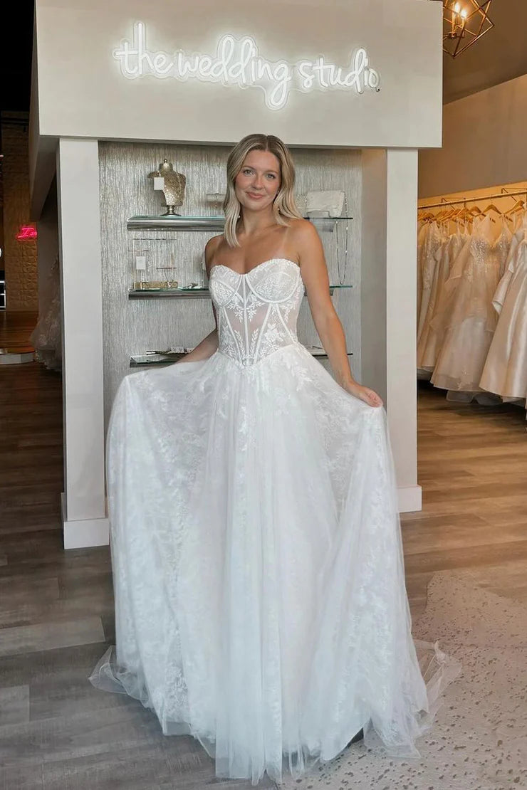 Boho A-Line Strapless Off-the-Shoulder Tulle Lace Wedding Dresses with Train