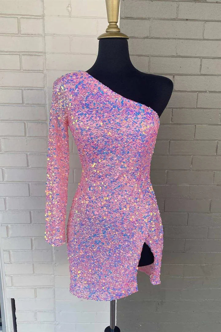 One Sleeve Sequins Party Dress