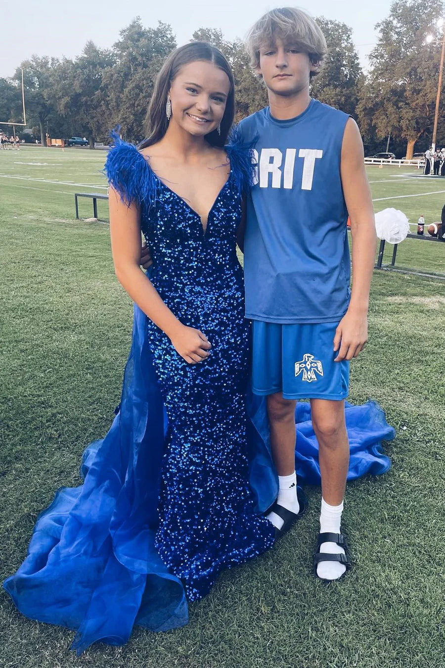 Sequin Plunge V Mermaid Long Dress with Attached Train