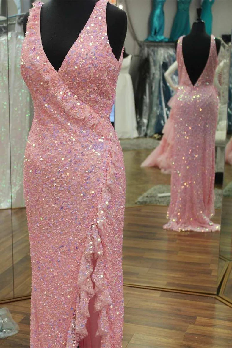 Sequin V-Neck Backless Long Prom Dress with Ruffles
