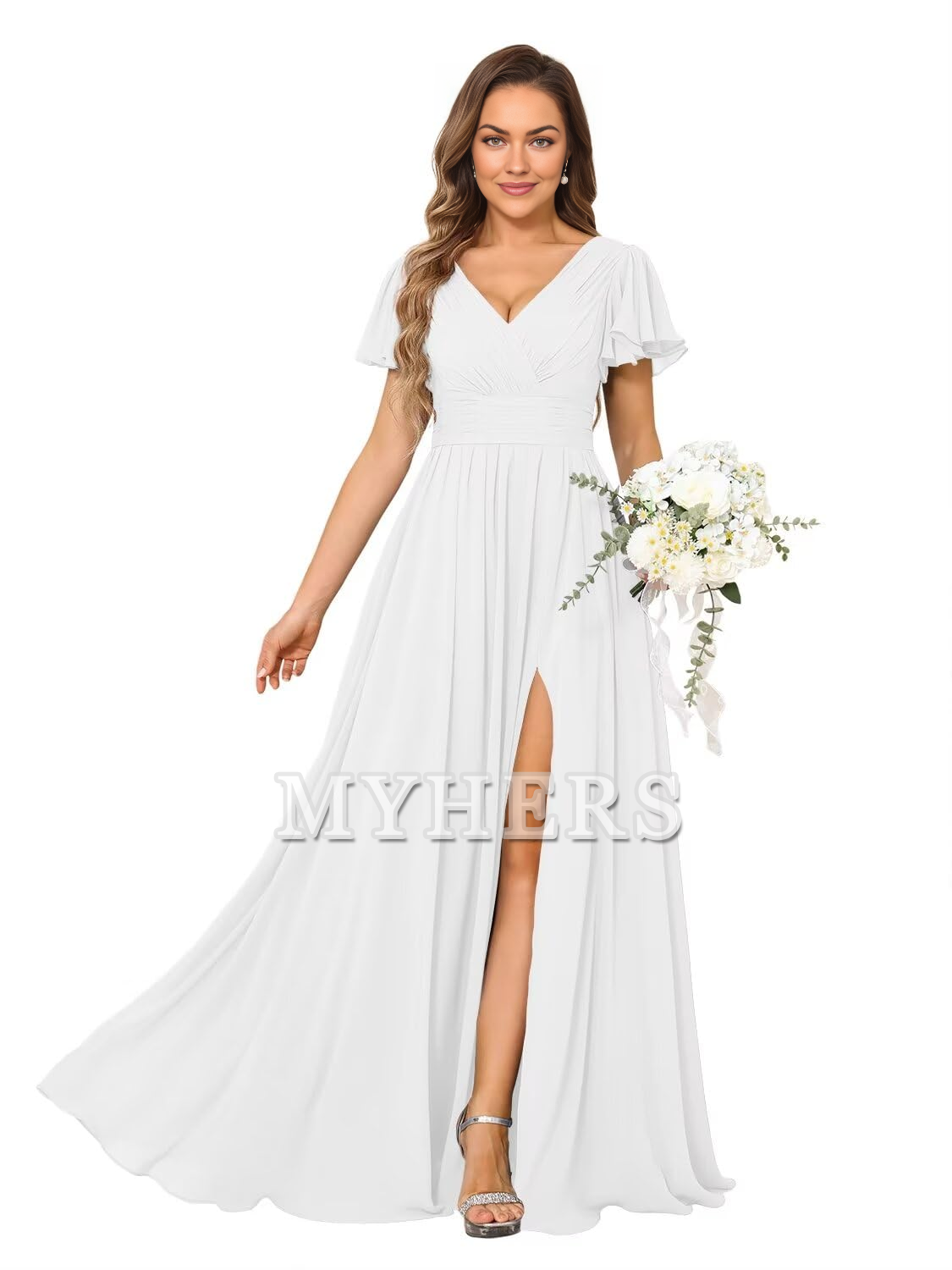 A Line V Neck Flutter Sleeve Side Fork Youthful Elegant Chiffon Bridesmaid Dresses Wedding Guests Dresses