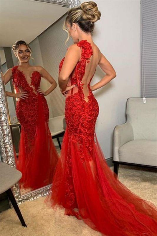 Sheath Mermaid One Shoulder Open Back Sexy Tullle Brush Train Prom Dresses With Applique