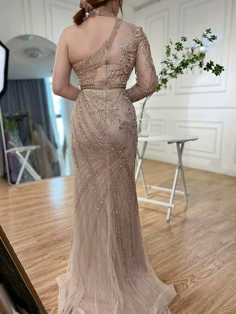Sheath Mermaid One shoulder Long Sleeves Prom Dress With Bead Embroidery Appliques