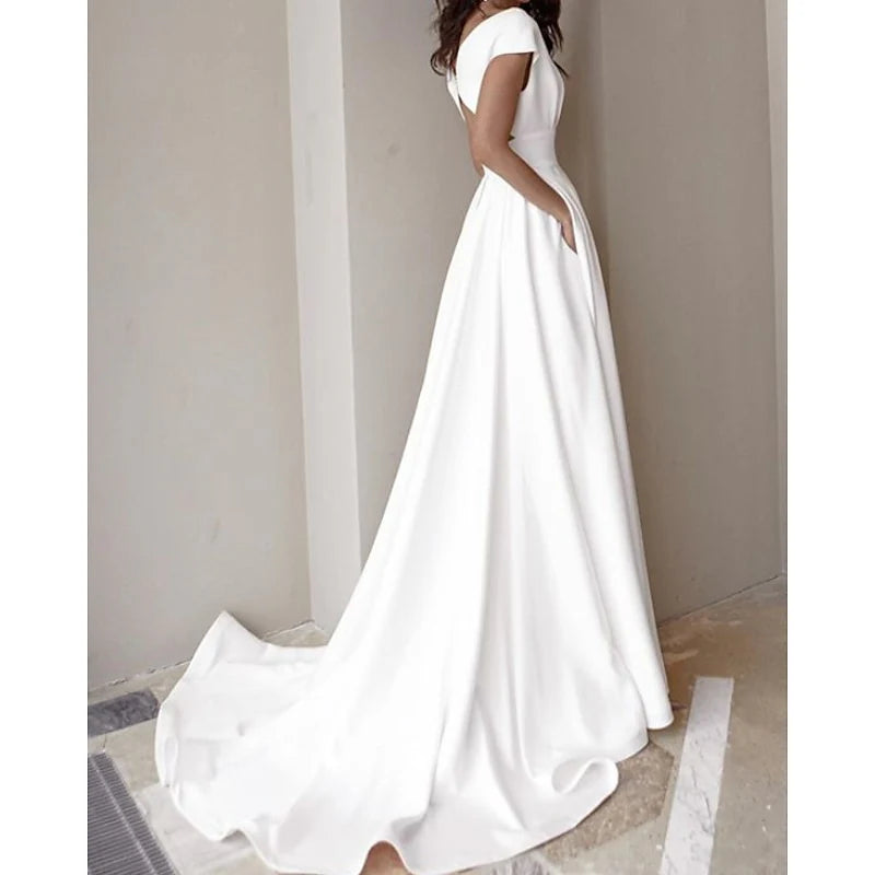 A Line/Princess V-Neck Off-the-Shoulder Cap Sleeve Wedding Dresses Sweep / Brush Train with Split Front
