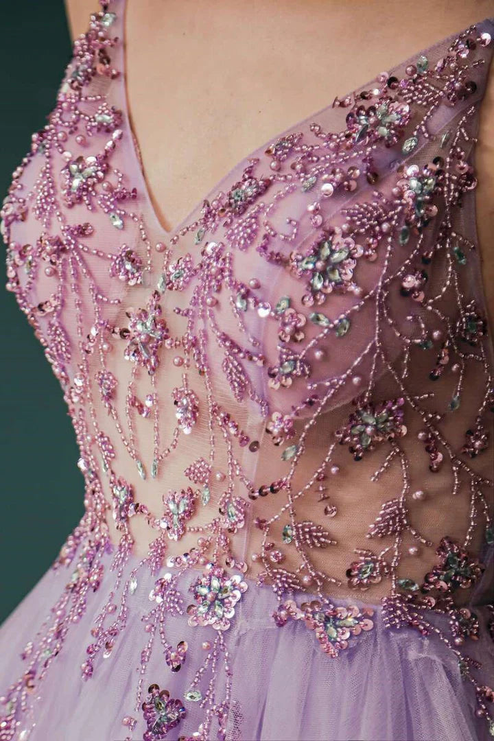 Beaded Tulle Long Prom Dress