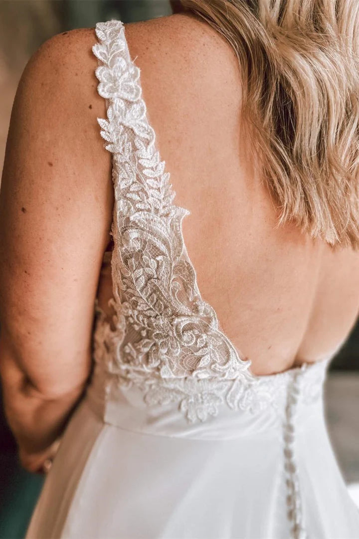 White V-Neck Floral Lace Open Back Backless Mopping The Floor Long Bridal Gown