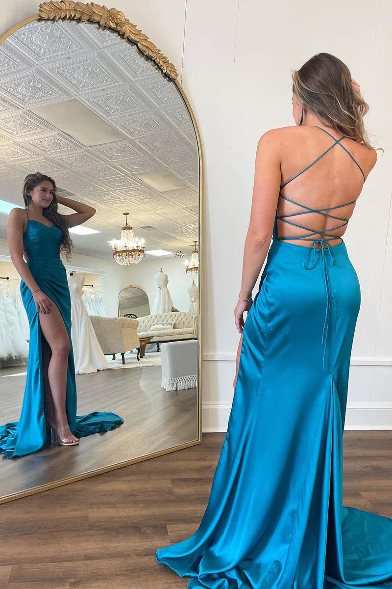 Cute Mermaid Sweetheart Peacock Blue Spaghetti Strap Silk Satin Long Prom Dress with Slit