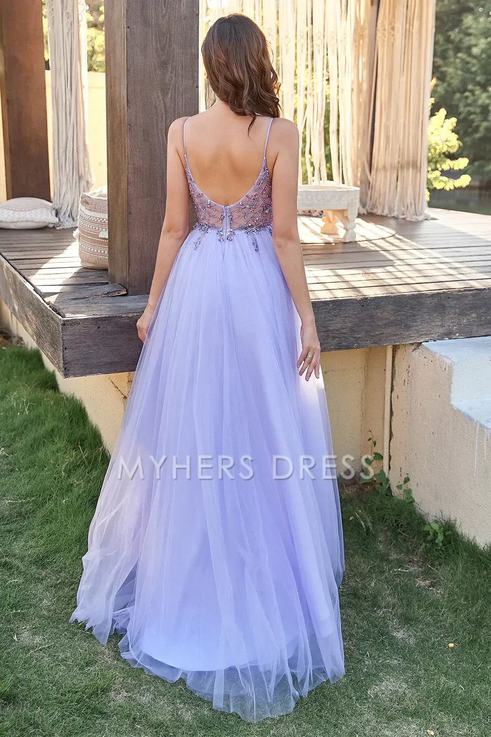 My Hers Ladies Formal Dress Gorgeous Tulle A-Line Spaghetti Strap Backless Side Fork Prom Dress