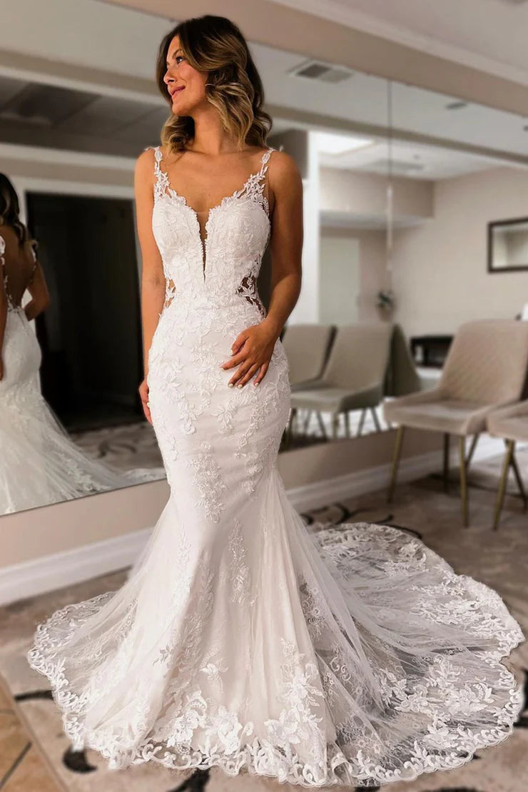 Elegant Mermaid V Neck Spaghetti Strap Backless Lace Mopping The Floor Wedding Dresses