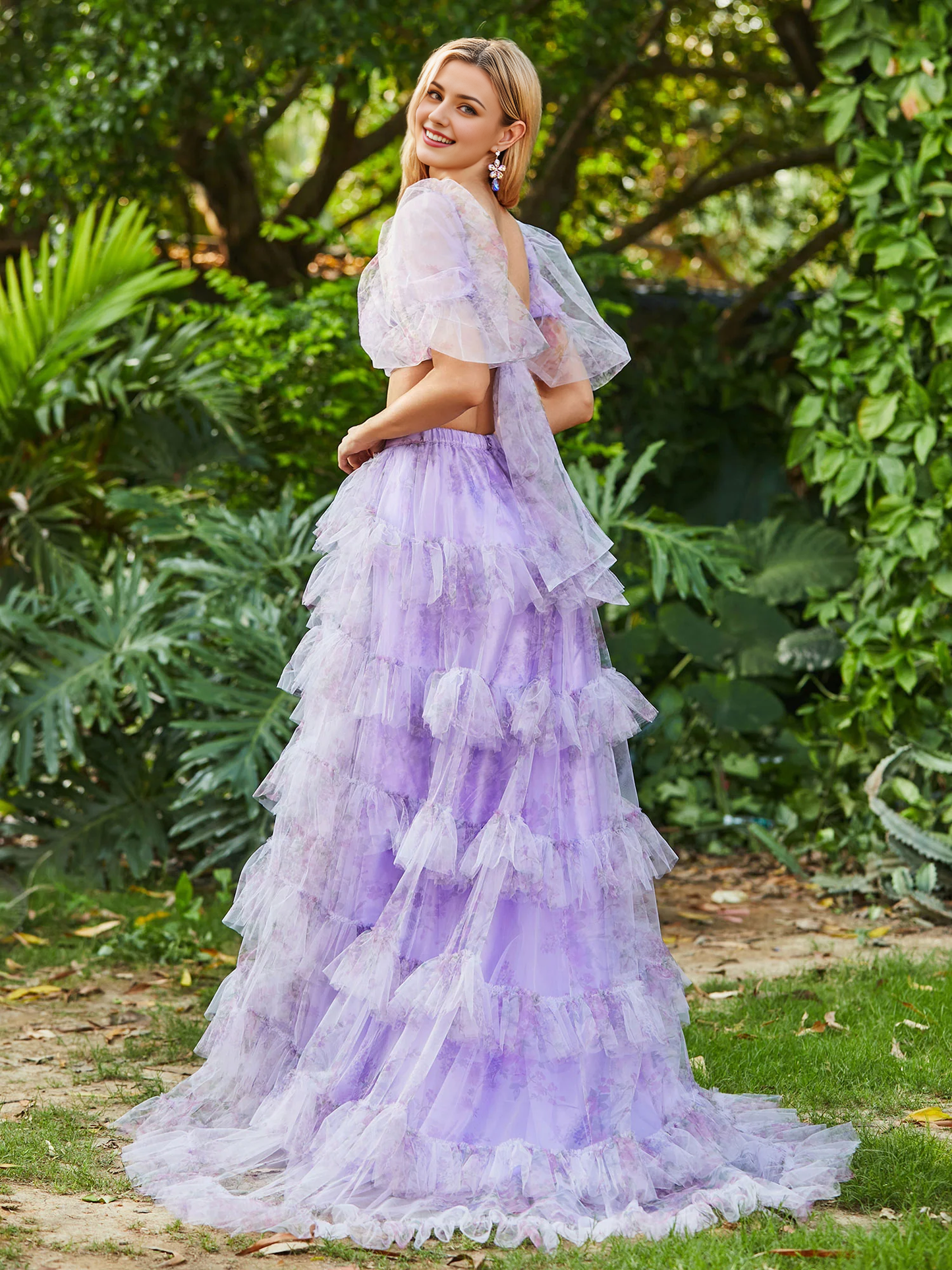 Tiered Dress Floral Two Piece Tulle Slit Prom Dress