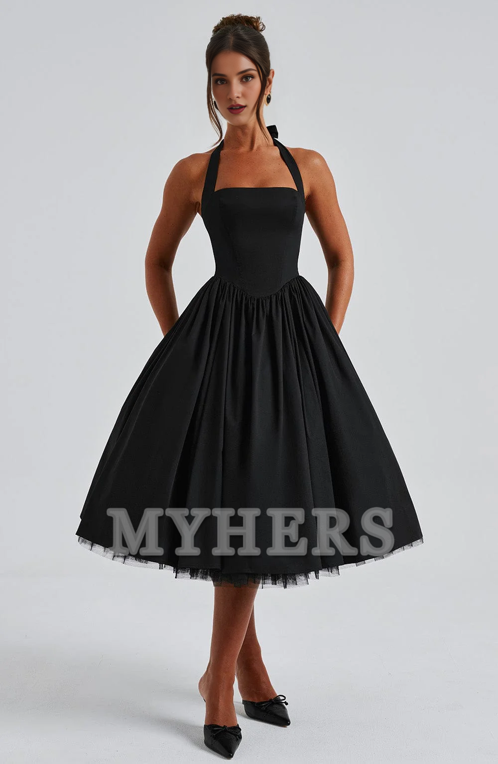 A Line Square Neckline Halter Tea-Length Dresses Elegant Youthful Bridesmaid Dresses Wedding Guests Dresses