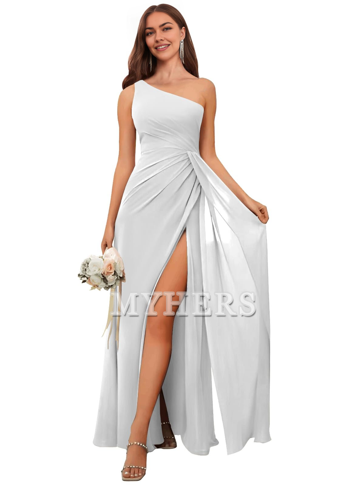 One Shoulder Pleated Charming Chiffon Side Fork Long Bridesmaid Dresses Wedding Guests Dresses