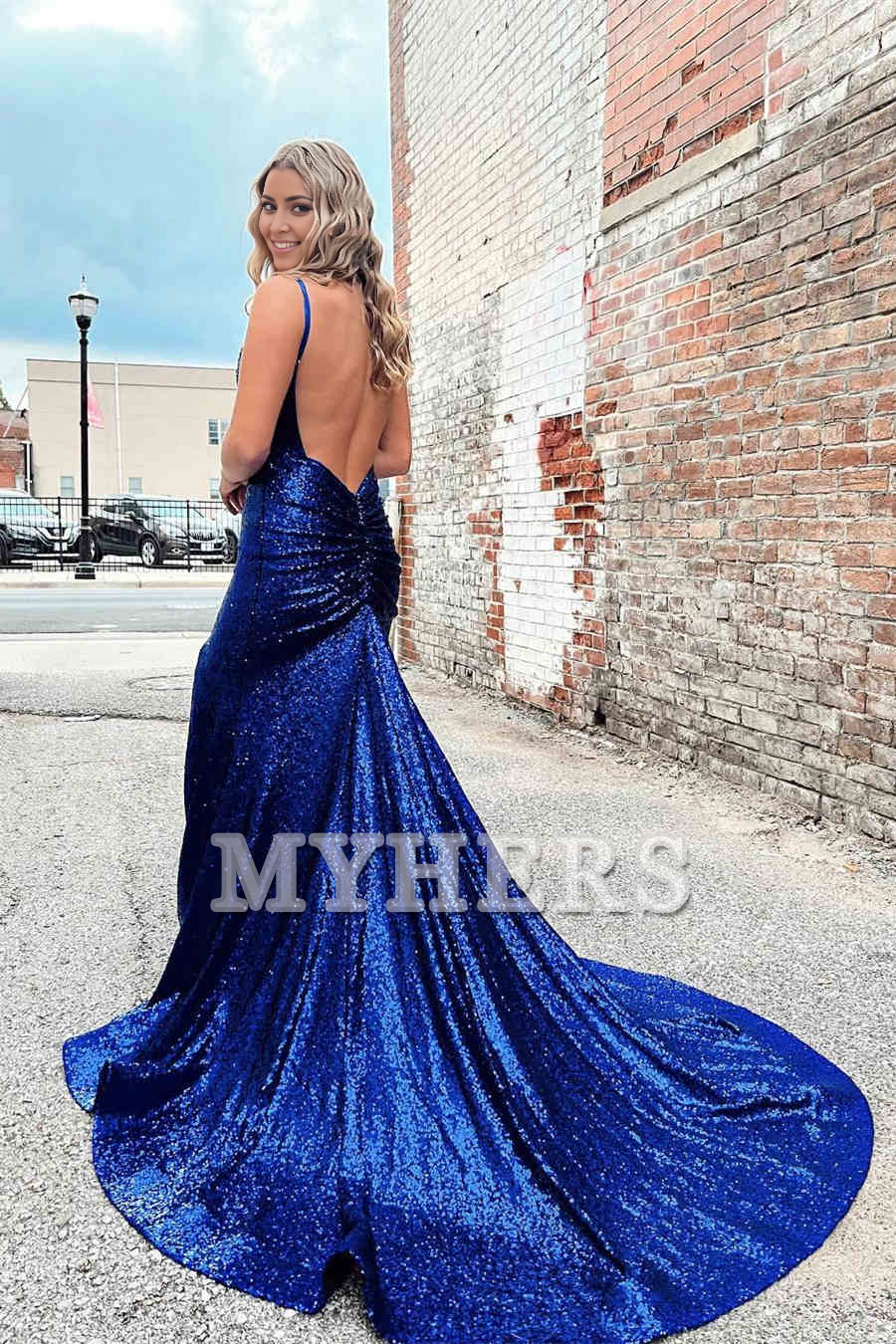 Formal Women's Dresses Wedding Guest Dresses Spaghetti Strap Mermaid Cultivate oneself Prom Dress Backless Side Fork Sweep Train Sparkle Evening Dress