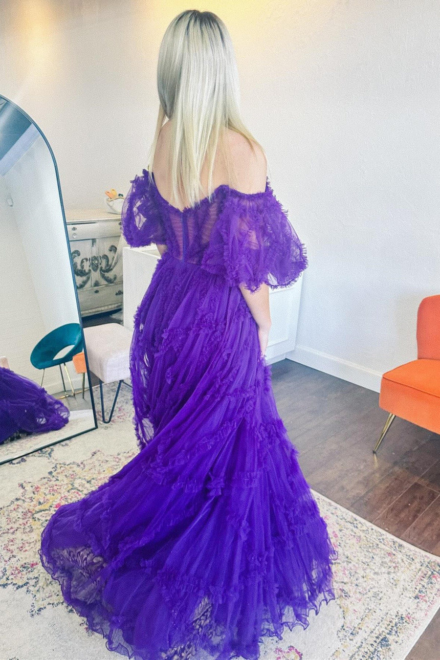 Sheer Corset Ruffles A-Line Prom Dress with Puff Sleeves