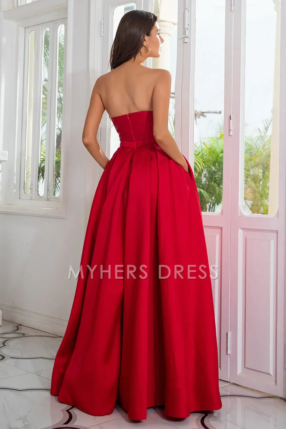 My Hers Ladies Formal Dress Elegant A Line Strapless Backless With Split Front Long Prom Dress
